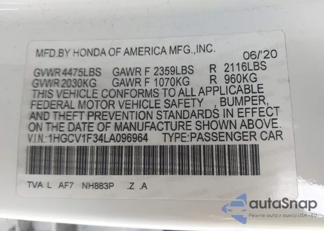 2020 Honda Accord Sport z USA, uszkodzony, nr VIN 1HGCV1F34LA096964